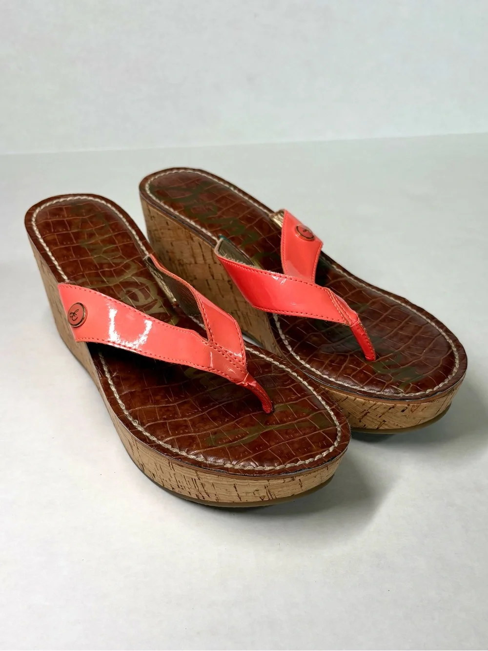 Sam Edelman Romy Croc Print Cork Wedge Thong Sandal US 7.5 Coral